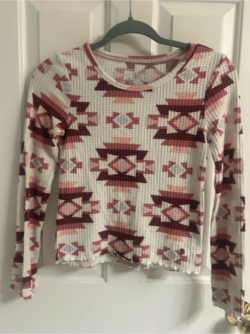 Girls Justice Cream and Burgundy Aztec Waffle-Knit Long Sleeve Top